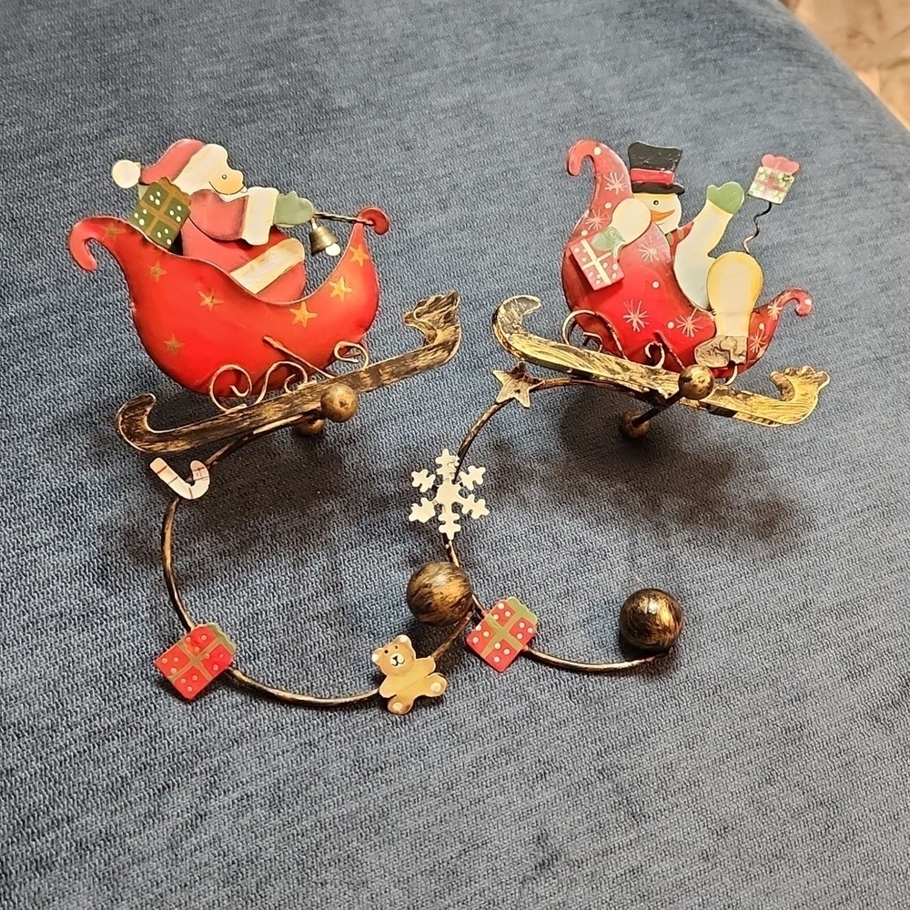 Set of 2 Vintage/antique Santa and Snowman in the sleds Xmas stocking holder